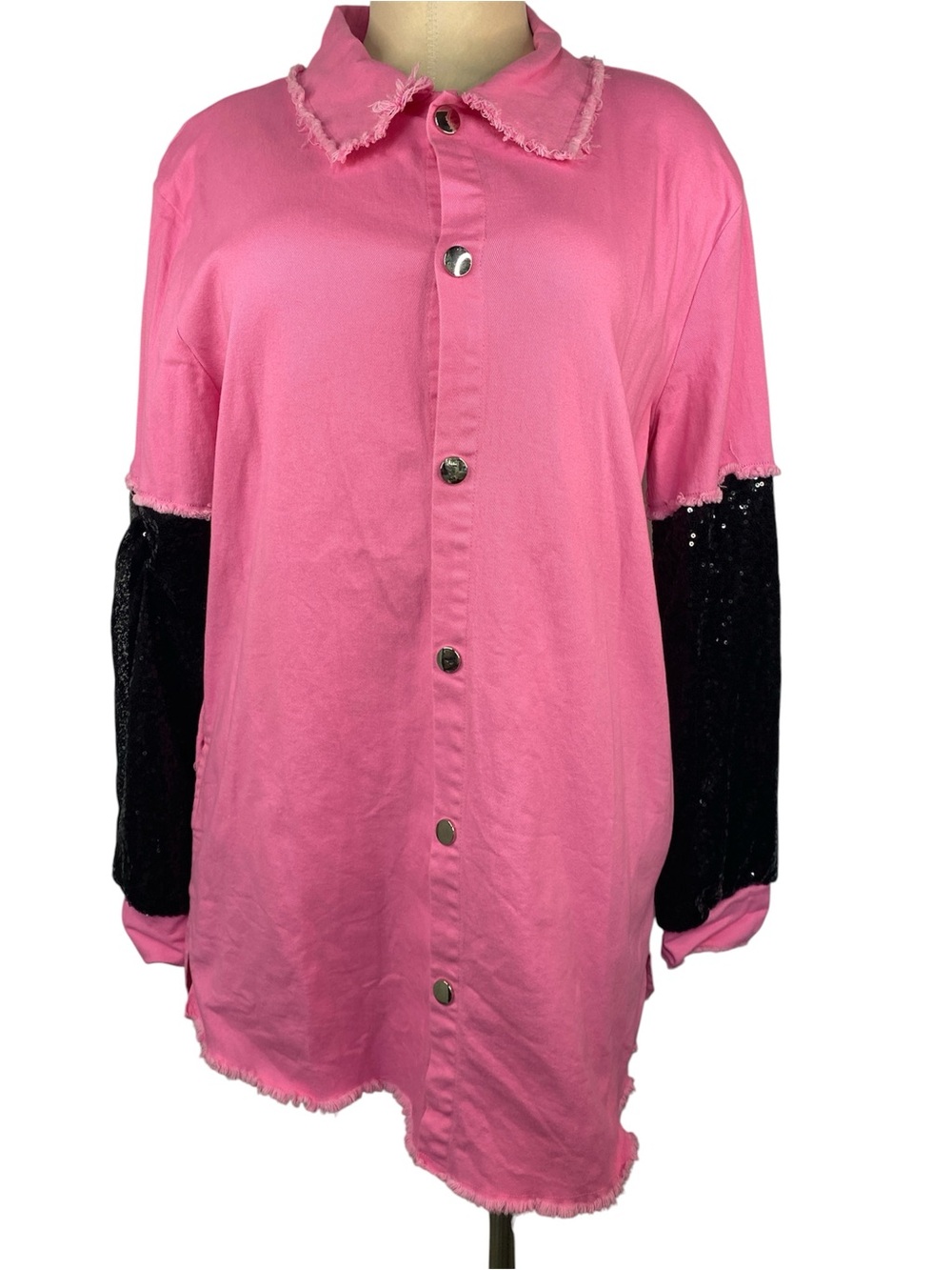 Sunshine & Rodeos Pink Shirt with Black Sequin Sleeves Women’s Medium